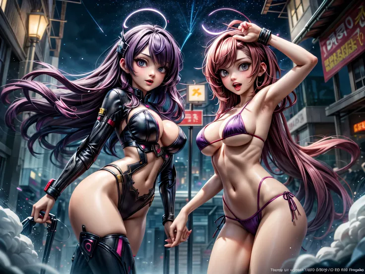 Anime - Illustration of a woman with dark red and purple hair wearing a micro bikini., very big breasts, bare chest, Sexy, Screaming at a beautiful, seductive girl, Arrogant demeanor, Magnificent and majestic, Steam Punk City on Background, Detailed digita...