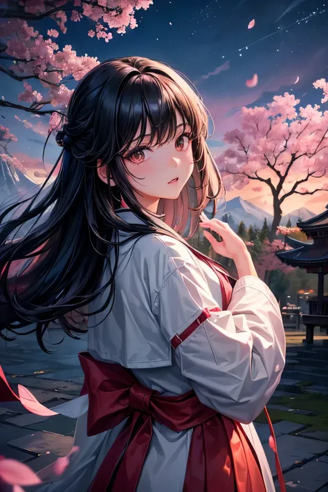 (highest quality, masterpiece),(1 girl, Miko, coat, expression, black eye, looking ahead ,black hair, walk, Upper body), (night sky, huge old tree in the background, Shining pink petals falling behind, shrine in the back, mountain background, The wind is b...