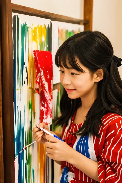 detailed hakurei reimu shaped, upon_return, Holding a paintbrush, painting (actiupon), palette (object), art brush, canvas (object), easel
