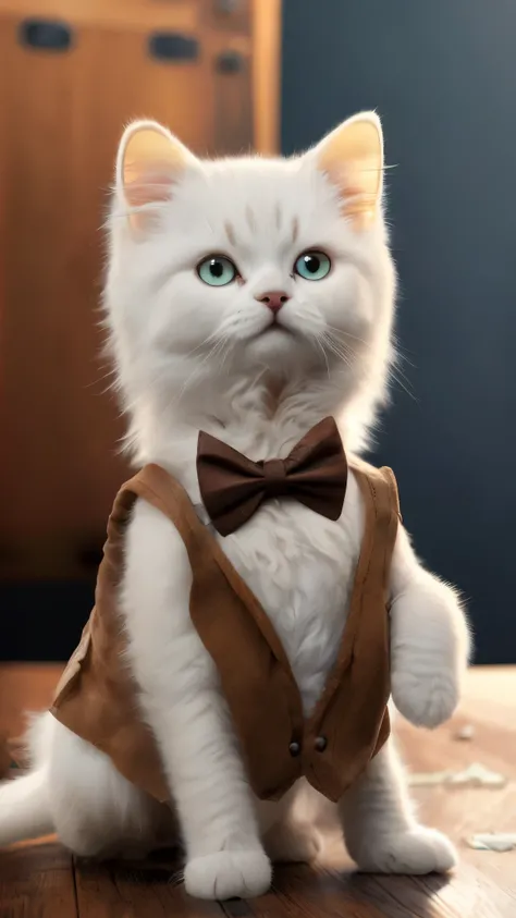 Fluffy cute white kitten dressed in a brown vest, bow-tie. accessorized like a science cat on a wooden desk. 8K masterpiece RAW