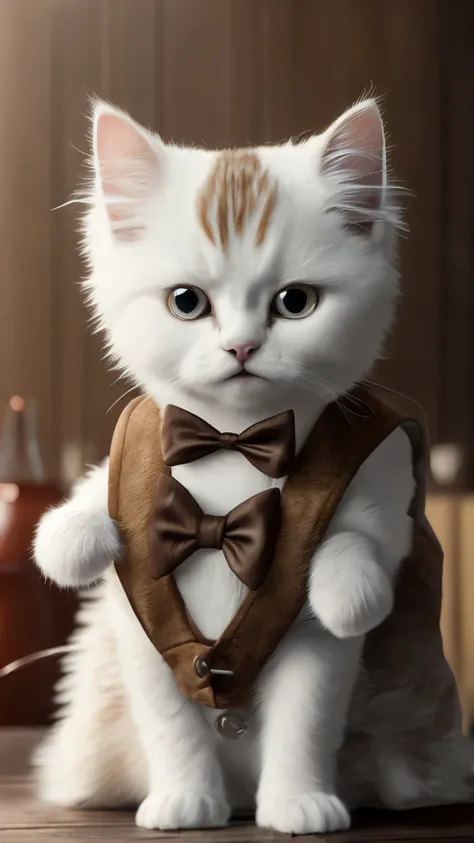 Fluffy cute white kitten dressed in a brown vest, bow-tie. accessorized like a science cat on a wooden desk. 8K masterpiece RAW