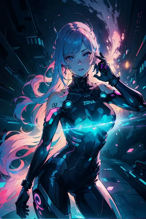 closeup, 1 girl, alone, [dark blue and pink hair: blue and pink hair:0.2], cyberpunk, high tech, v, mechanical parts, looking at...