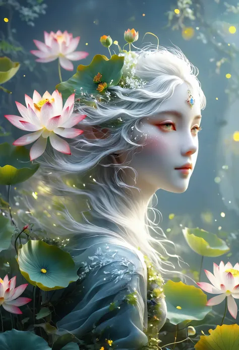 (best quality,4K,8K,High resolution,masterpiece:1.2), super detailed, (actual,lifelike,lifelike的:1.37),perfect job，（（（Beautiful magic elf， white hair，）））。lotus，Frost，transparent。，high dynamic range，ultra high definition，Light，super beautiful painting，sharp...