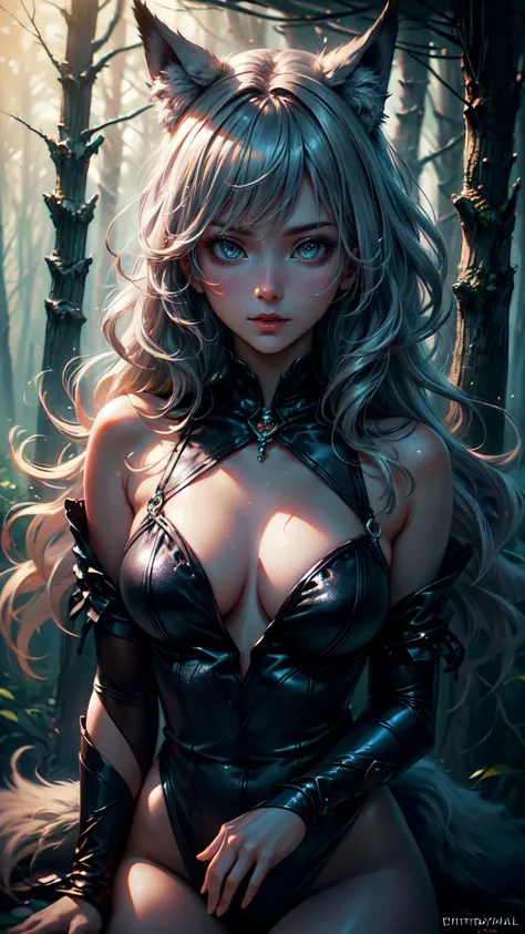 best quality,4k,8k,highres,masterpiece:1.2),ultra-detailed,(realistic,photorealistic,photo-realistic:1.37),woman touching wolf,beautiful detailed eyes,beautiful detailed lips,extremely detailed face,wolf with intense gaze,forest scene,long wavy hair flowin...