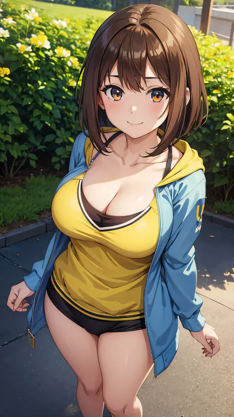 (((masterpiece))),fuyumi itadori, Anime girl characters, 1girl, solo, looking at viewer, medium hair, brown hair,Greenbeans eyes, long sleeves, cleavage, bigger breasts, clsed mouth, smile,collarbone, jacket, open clothes, open jacket, blue jacket, ground ...