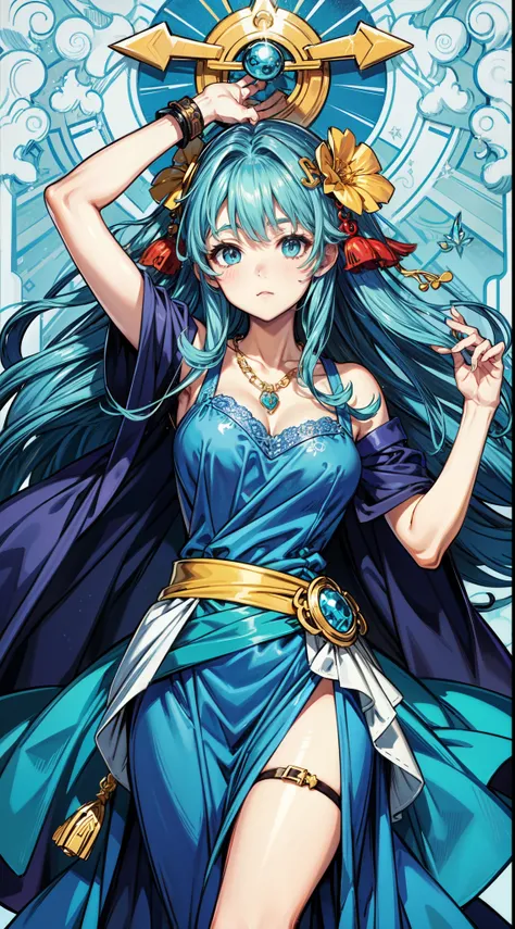 best quality, mastery, detailed hair, highres, (((yunyun))) ,necklace, hair ornament, (Beautiful face), blue dress, looking at viewer, blue hair, standing, （Above the waist），Medusa