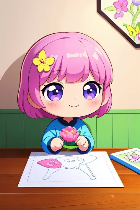 The following scenes will be expressed using chibi girl dolls.（Photoreal、A girl is drawing pictures of tulip flowers and butterflies on the wall with crayons.、The picture is a child&#39;s doodle, but it&#39;s very colorful.、smile）