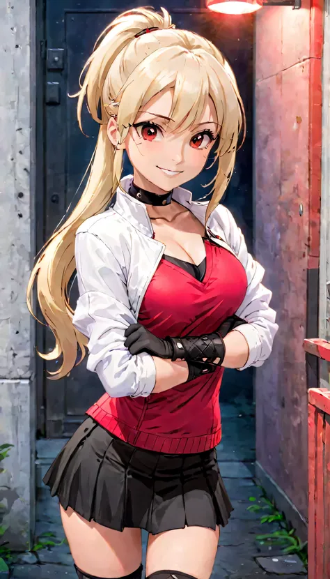 (best quality:1.2),solo,1girl,mdrin,smile,looking at viewer,crossed arms,ponytail,v-shaped eyebrows,white jacket,red shirt,fingerless gloves,black skirt,choker! Blonde 