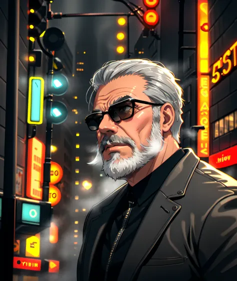 city street, neon, fog, volumetric, closeup portrait of 50 y.o man in dark clothes, grey hair, grey beard, serious face, wearing rayban sunglasses, cinematic shot, ultra realistic, neon fog, Geordie Dandy face