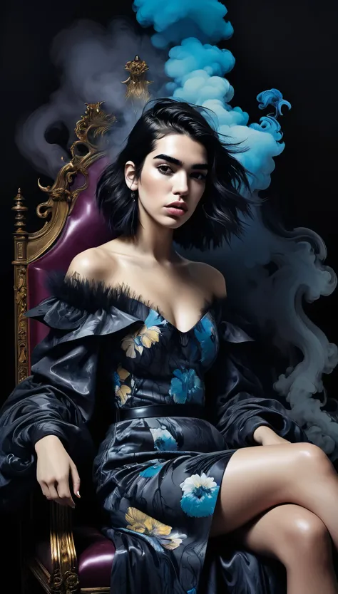 (Dua Lipa) is a beautiful charming vampire queen sitting on a throne, carved out of dark smoke, pale skin,dark fantasy background, black, circular colored smoke, waves of shadows at night, abstract skull ornaments, messy hair, soft colors, flat 4d street a...