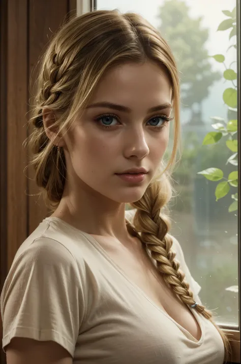 masterpiece, best quality, extremely detailed, hyperrealistic, photorealistic, a beautiful 20s french model, aquarium:1.2, beige t-shirt:1.1, ultra detailed face, braid, blonde hair, pale skin, busty breasts, scared
