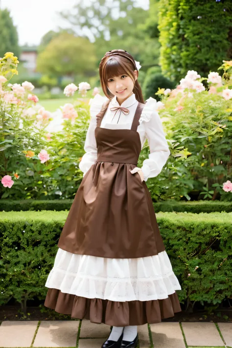 japanese woman,whole body,brown hair,blush,maid,frills,high quality,garden