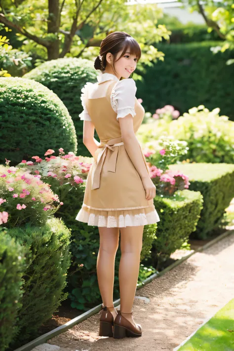 japanese woman,whole body,brown hair,blush,maid,frills,high quality,garden