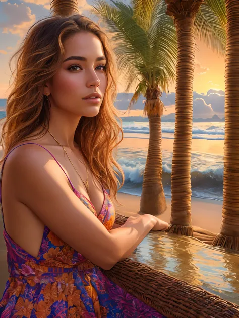 A stunning portrait of a beautiful woman, capturing every detail in high-resolution and ultra-detailed realistic style. Her lifelike colors radiate a vibrant palette, reflecting the warm hues of a glowing sunset over a tranquil beach scene. The photorealis...