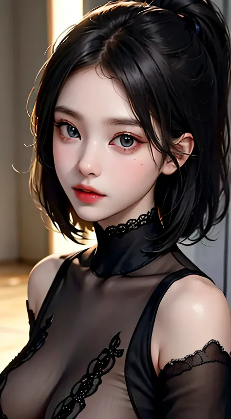 (((NSFW1.5))), 20 year old woman、black haired、(top fade:1.3)、dark theme、calm tone、calm colors、high contrast、(natural skin texture、hyper realism、soft light、sharp)、(Masseter muscle part:1.3)、(8K、Photoreal、RAW photo、highest quality: 1.4)、beautiful expression、...