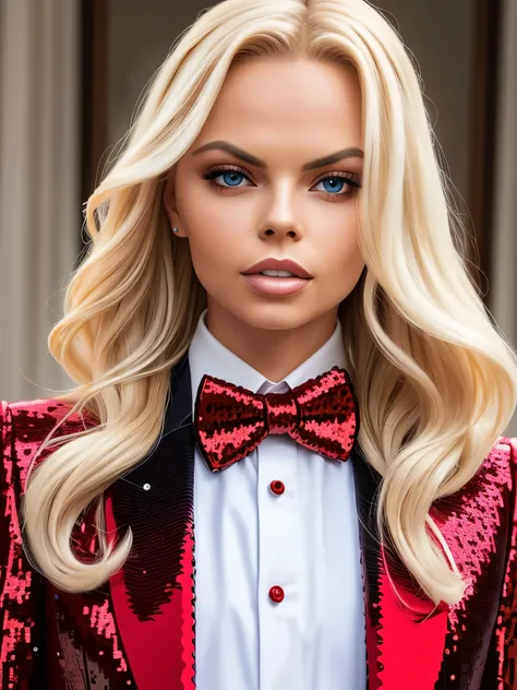 gorgeous woman (jessejane_v1) with long wavy blonde hair (wearing a red sequin tuxedo suit:1.15), ((white bowtie:1.14)), gorgeou...