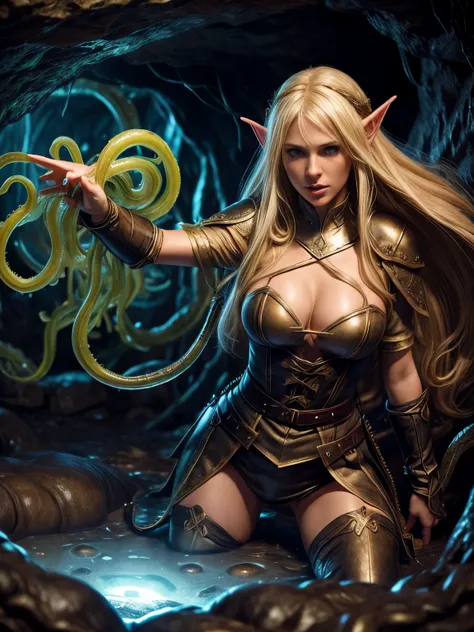 Sexy 1 adult cute female elf, blonde long hair, dressed leather in medieval clothing, agitated state, indignant, fighting off the tentacles of a slime monster in the middle of a well-lit cave, looking at the viewer. photorealistic, soft light, overall deta...