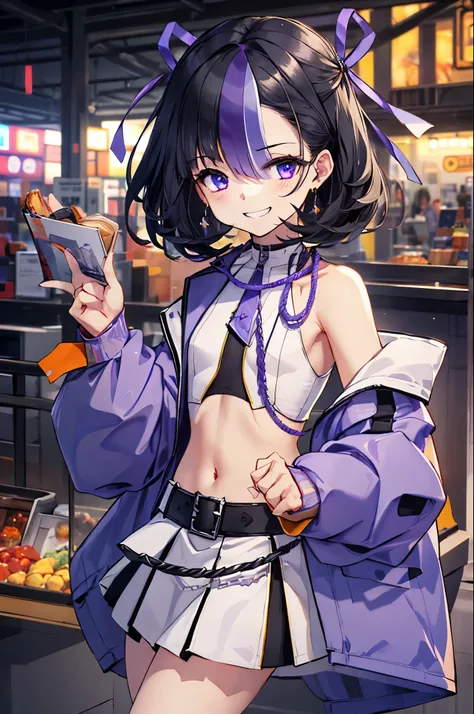 perfect lighting,1 childl,Syuen_nikke, syuenfx, skirt,(black hair,purple streaked hair),white crop top,navel,(purple jacket),bare shoulders,looking at the viewer,evil grin,(flat chest:1.3),(short stature,skinny),(upper bodyt:1.3),top-quality,Top image qual...