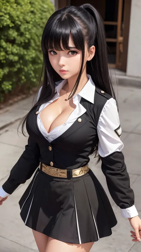 ((highest quality)), ((8k), (detailed face), (highlight), girl、cleavage、bangs、black hair、skirt、combat uniform、white、