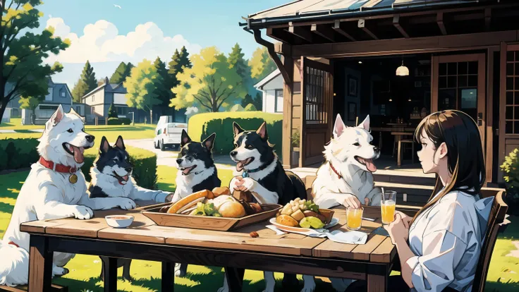 Dog sitting at the table，Food and drinks were placed on the table, （illustration style）, Eating out, Stunning visual effects, afternoon hangout,  photo, by Emma Andijewska, fresh, very very realistic, stunning images, dinner is ready, beautiful sunny day, ...