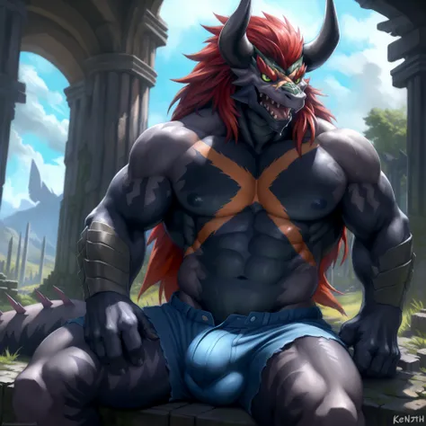 solo, breath (ultra detailed), a beautiful and detailed full size portrait of a male anthro batzz, demon lord dragon batzz, dragon tail, green eyes, glowing eyes, black body, black skin, long hair, red hair, horns, scar, tail, bedroom eyes, detailed eyes, ...