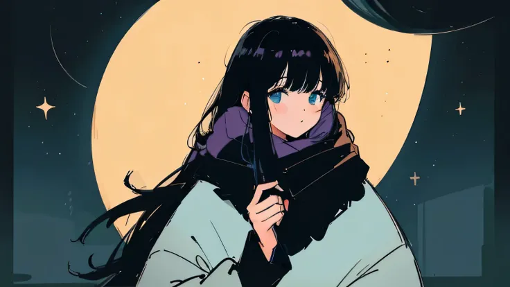 Close-up of a 20-year-old black-haired woman、Being Calm、gentle light、black background、Coffee、head shot、Lo-Fi Illustration、a relaxing sight、starry sky、Countless stars、night view、Scarf、hoodie