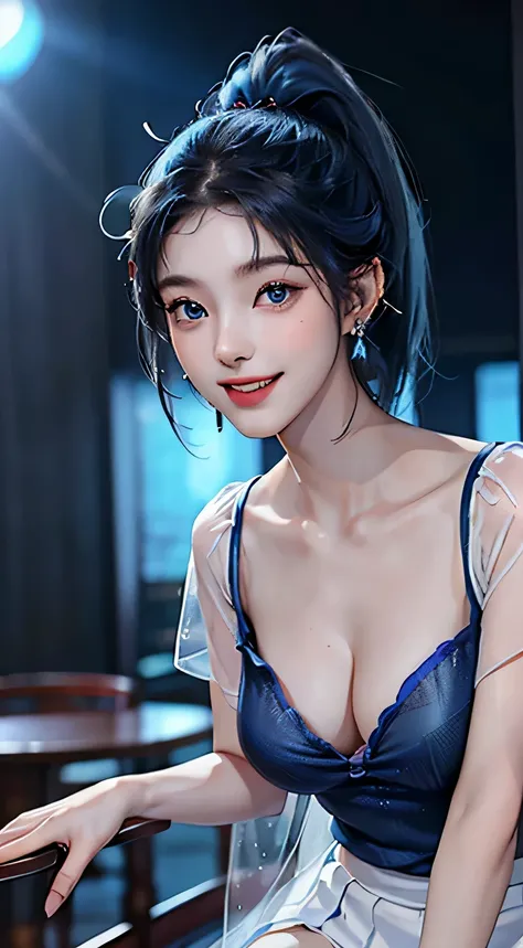 最high quality、best image quality、masterpiece、with a girl((18-year-old、vest bust、,beautiful blue eyes、wide open chest,Black Short Sleeve T-Shirt、white see-through、black short skirt、black hair ponytail、grin and laugh、Fashionable bags、Beautiful blue earrings、...