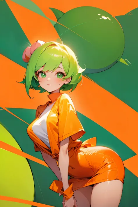 Girl, peach, short green hair, orange clothes 🍑