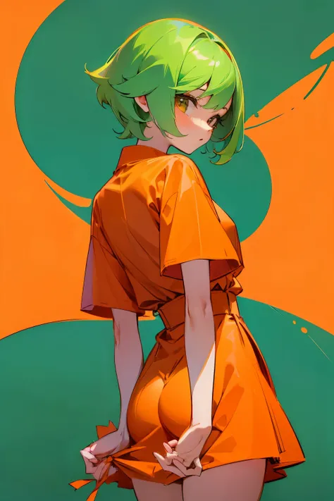 Girl, peach, short green hair, orange clothes 🍑