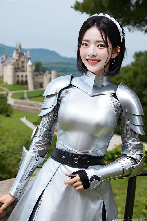 ８Ｋ、highest quality、female knight、The background is a castle、Luxurious Silver Armor、heavy equipment、black hair、hairstyle short cut、smile、beautiful teeth、full body photo、ear piercing)), (
