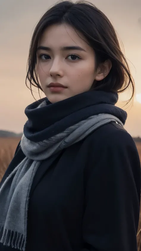 8k, best quality, masterpiece, realistic, ultra detail, photo realistic, Increase quality, 
a photo of a girl standing in a field with a scarf, in the style of dark and brooding designer, voluminous mass, photobash, serene faces, jagged edges, navy, natura...