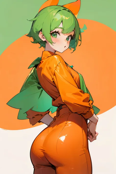 Girl, peach, short green hair, orange clothes 🍑