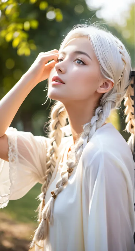 best quality, masterpiece,white hair, gold eyes,white clothes, looking up, upper body,hair strand,Fair skin,side braids