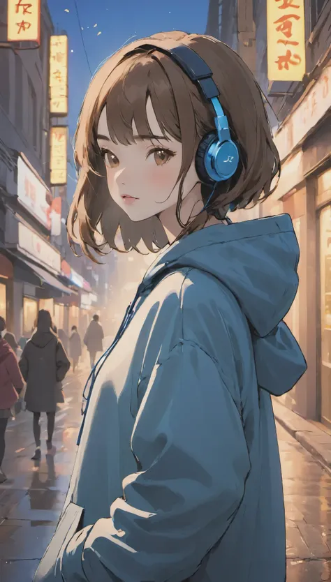 sonyのheadphoneを着用している:1.5、headphone、one girl、Magical girl、perfect anatomy、small face、plump lips、brown hair、Characteristic hairstyle、look of suspicion、Modern hoodies、knee socks、(((blurred background、street corner、everyday scenery)))、highest quality、High res...