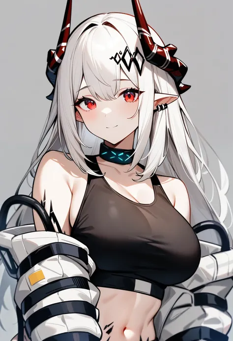 masterpiece, best quality, very aesthetic, absurdres, 1girl, mudrock(arknights), arknights, looking at viewer, upper body, mature female, white hair, long hair, demon horns, red eyes, large breasts, black sports bra, bare shoulders, midriff, light smile, s...