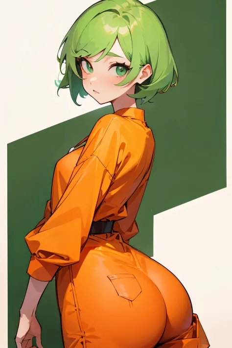 Girl, peach, short green hair, orange clothes 🍑