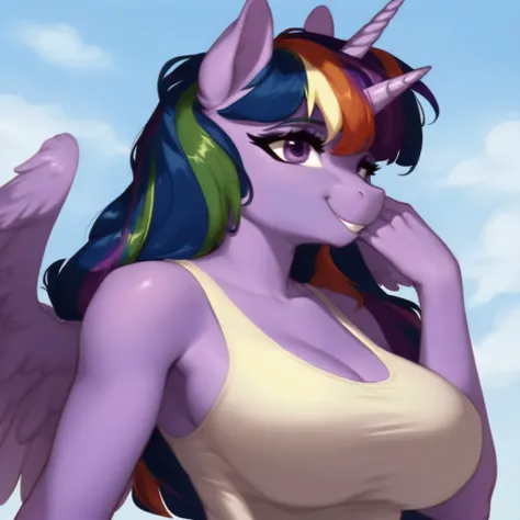 (score_9), (source_pony), (solo), (alicorn), ((anthro rainbow dash fusion twilight sparkle:1.2)), (sexy tank top), facing you, sexy, smiling, sensual, long Messy hair, anatomically correct, night garden,huge breast, half body, anime art style