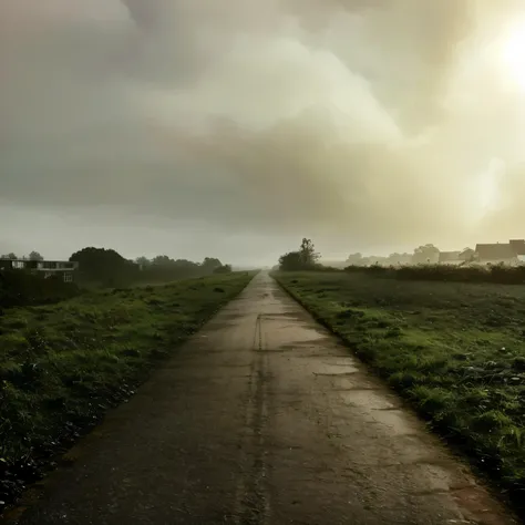 arafed view of a road with a lone horse on the side, gloomy misty atmosphere, dreary atmosphere, gloomy foggy atmosphere, mist low over ground, early in the morning, overcast flat midday sunlight, moody morning light, in the distance, foggy weather atmosph...