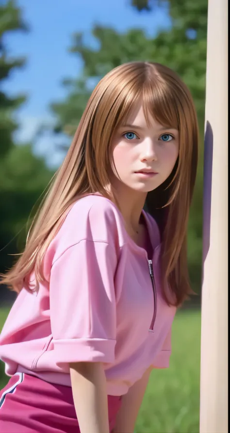 {{Teenage female, caucasian}}, looking at viewer, hazel eyes, extremely detailed, brown hair, pink clothes, bully, mean girl, tough girl, , bruises, scars, happy, best quality, high quality, extremely detailed anime screencap, full body