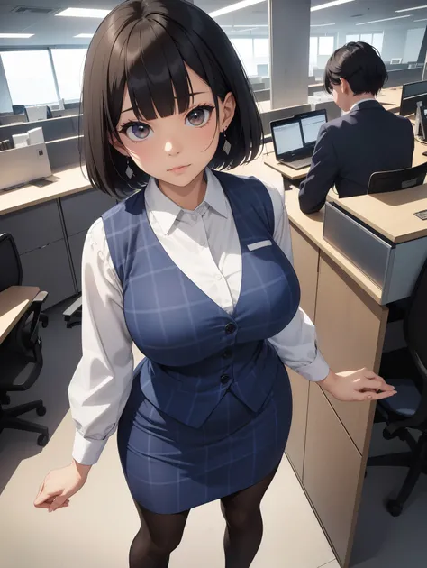 highest quality, debris flies、pretty woman、officeレディー、black hair、(brown eyes、big breasts、blunt bangs)、short hair、チェック柄のダークブルーのofficeスーツ)、new employee,full body shot、Female OL、break(checkered dark blue vest、white cutter shirt、Navy blue long tight pencil ski...