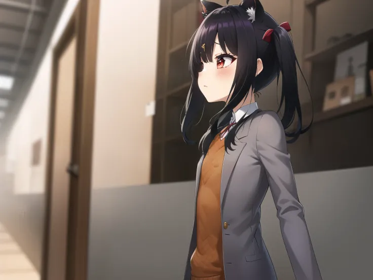 2d, obra maestra, Mejor calidad, animado, muy detallado, tiro de vaquero, 1 chica, solo, yuri, ,((long hair slightly wavy slightly past the shoulders, black bangs, small black pigtails on the sides, cute cat ears, beautiful thin red eyes)),, [[pechos grand...