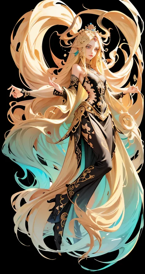 (skeleton-like figure: 0.4), ((female ornate princess): 1.5), (with blonde long flowing hair: 1.5), (bright beautiful eyes: 1.5)...