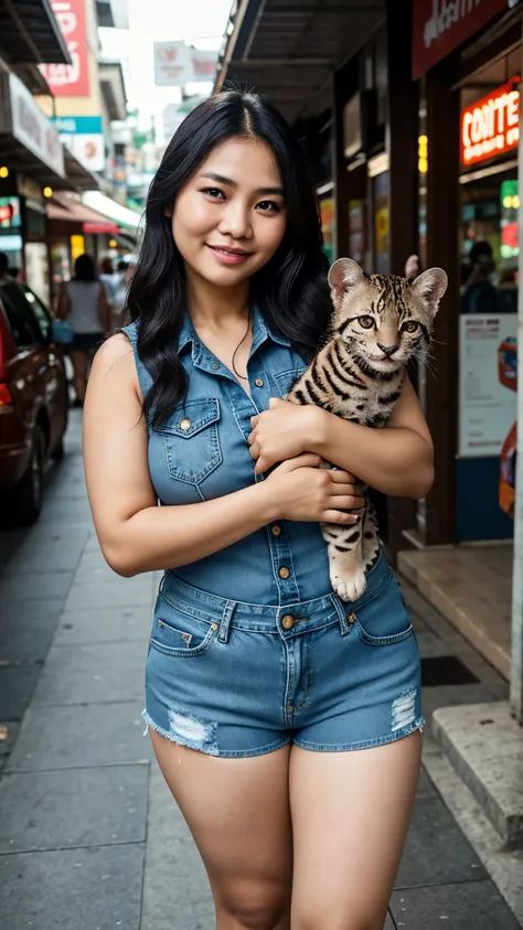  real photo, Indonesian plump woman, 40 years old, long  hair, smiling cheerfully, Denim clothes, holding a ocelot cat, in the busy sidewalks of Pattaya