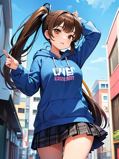 Anime-style illustration of a late-teen girl wearing a blue hoodie, checkered miniskirt, with her brown hair in a side ponytail, The perspective is a low angle looking up at the girl, conveying a confident and dynamic aura, Vibrant colors and fluid lines d...