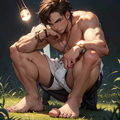 (masterpiece), (best quality), (ultra detailed), (disheveled hair), (1boy),a topless european handsome man with light brown hair and a detailed intricate see-through underwear and many bracelets and many necklaces sitting on grass, from below, bulgej8, sol...