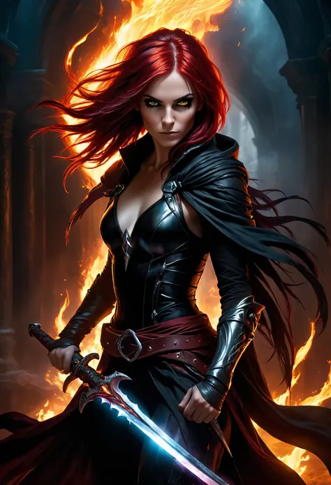 photorealistic, masterpiece, Rogue modern warrior girl, red-black coloured hair, shrouded in shadows, holding a flaming dagger in each hand, vibrant glowing abyssal colors, entirely in frame, FULL BODY, radiating electrical energy, shoulder length messy ha...