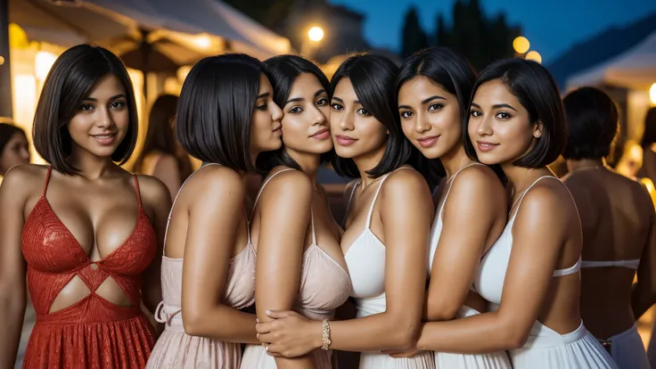 Isabel Merced, group of girls in summerdresses (long bob_cut hair), enjoying the nightlife of greece, smiling, (kissing:1.2), (skin texture:1.1), (high detail face:1.1), full bodyshot, high detail body, high detail clothes, (big breasts:1.3),(masterpiece),...