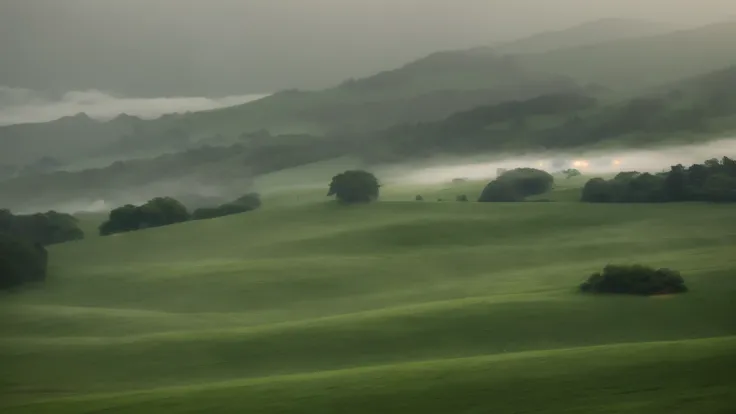 foggy landscape with trees and hills in the distance, dreamy scenery, valley mist, ethereal scenery, rolling green hills, green mist, green mist, foggy landscape, author：Andrew Geddes, in peaceful scenery, (mist), soft light misty, rolling hills, In the so...