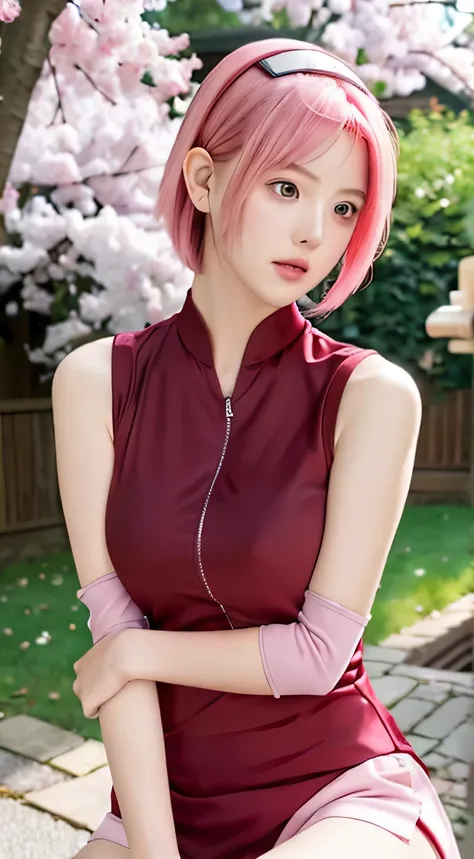 haruno sakura, naruto (series), naruto shippuuden, anime art style, masterpiece, red shirt, shirt, short hair, sleeveless, sleeveless shirt, forehead protector, hairband, konohagakure symbol on hairband, 1girl, solo, bangs, (Looking at the Audience), close...