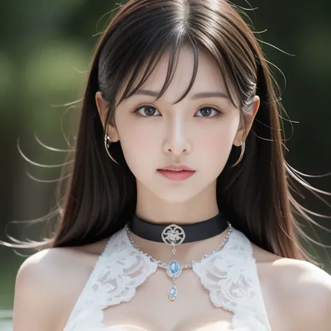 perfect figure beautiful woman：1.4，Layered Hair Style，Protruding cleavage，Black two-dimensional clothing：1.5，Highly Detailed Face and Skin Textur，double eyelid，Whiten the skin，long whitr hair，playing water，Collar